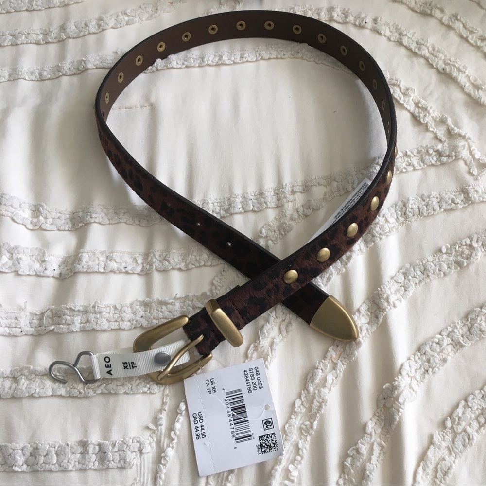 Leopard Print Faux Fur Skinny Belt with Gold Hardware XS - Picture 3 of 5